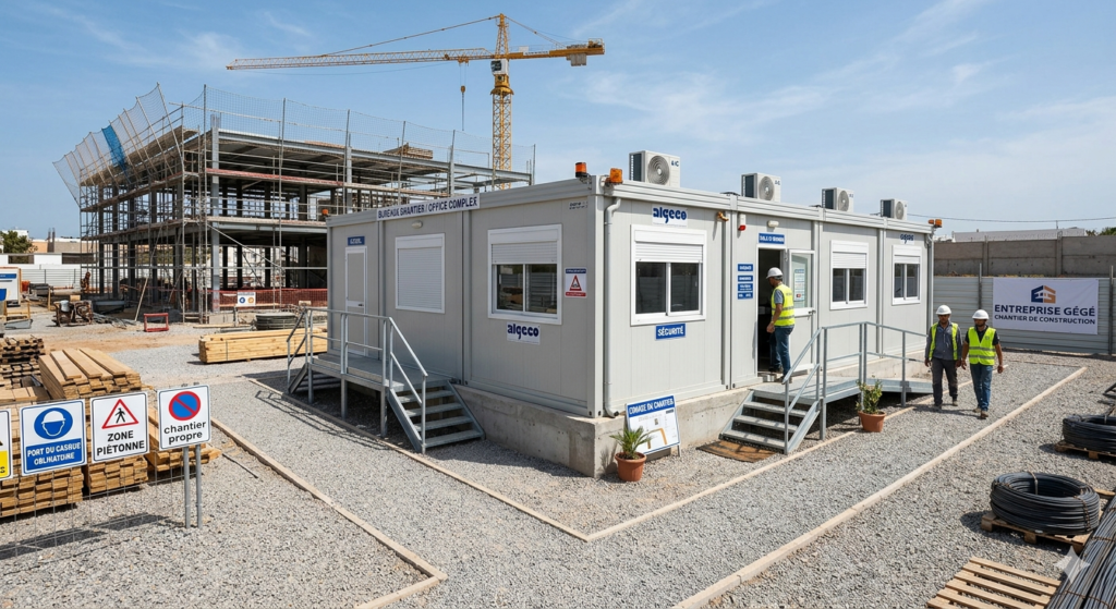chantier propre avec bureau modulaire installé